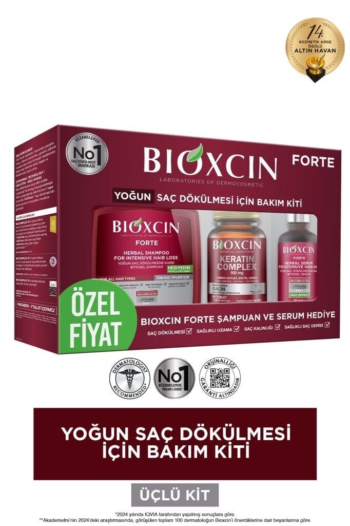 Bioxcin Forte Saç Bakım Kiti Yoğun Saç Dökülmesi İçin (300 ml Şampuan & 50 ml Serum & Keratin Complex 60 Tablet)